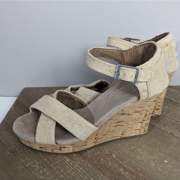 Tom's Sierra espadrille cork wedge cross strap sandal heel 6.5 - Picture 3 of 8